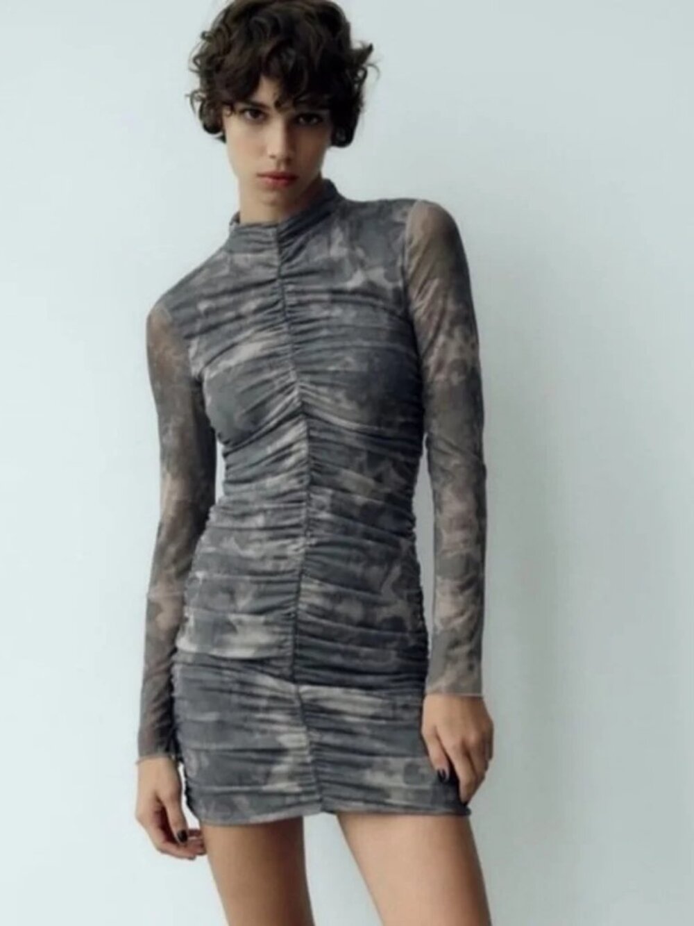 Zara Printed Camo Green Beige Gray Tulle Dress